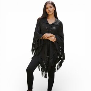 Bohemian Chic Oversized Black Knit Poncho With Fringe NWOT